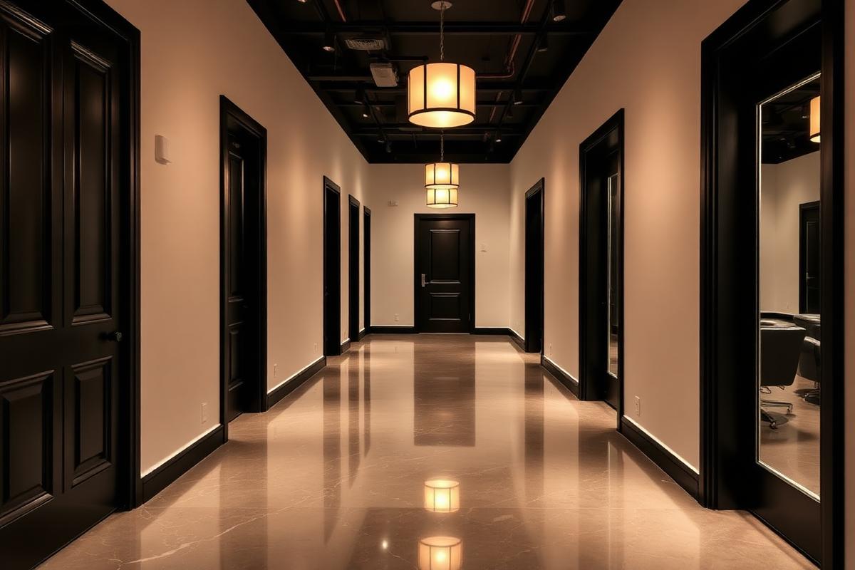 Corridor of private salon suites with warm lighting