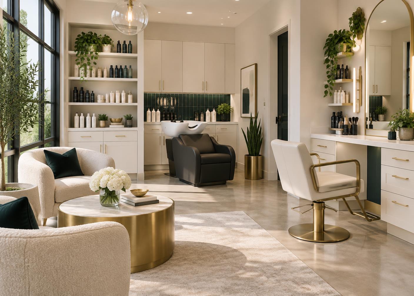 Bright luxury salon suite with organized storage and client seating