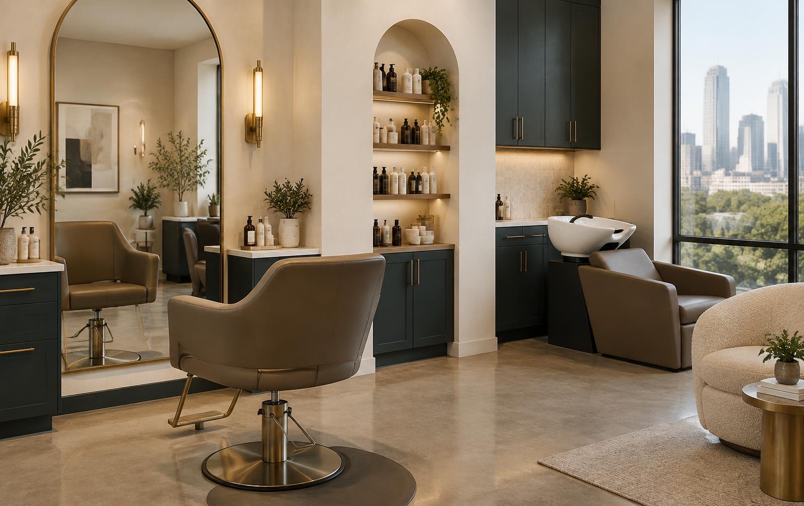 High-end private salon suite with styling and shampoo stations