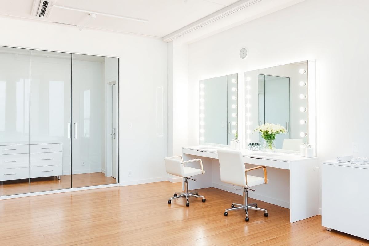 Bright white salon suite with styling station